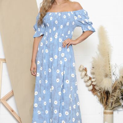 Schulterfreies Kleid mit Gänseblümchen-Print in Babyblau