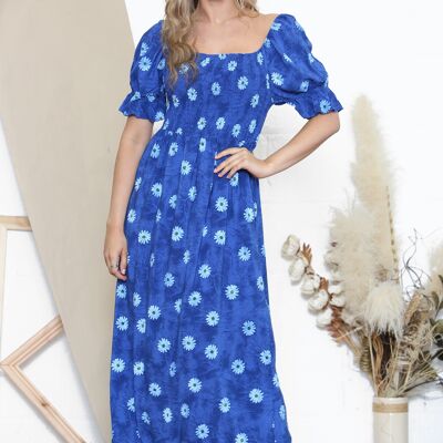 Schulterfreies Kleid mit königsblauem Gänseblümchen-Print