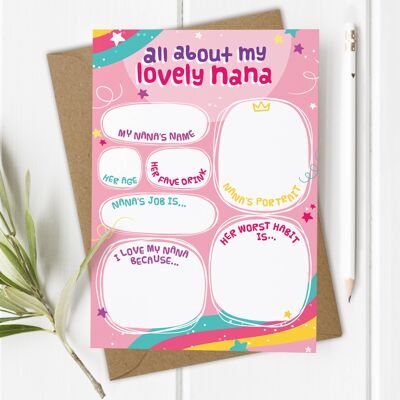 All About My Lovely Nana - Tarjeta de bricolaje para el día de la madre del niño