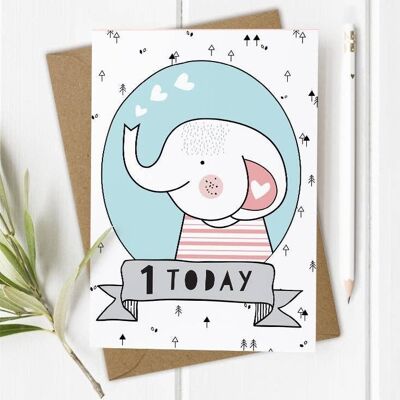 1 año, tarjeta de 1er cumpleaños, niña o niño - Elefante