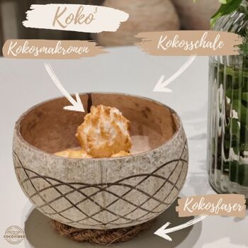 cocovibes bol en noix de coco HAWAII avec cuillère en bois de coco et sous-verre noué à la main en fibres de coco 4
