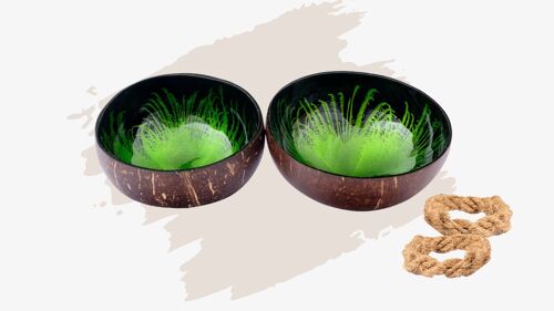 cocovibes Kokosnuss Schale JADE im 2er Set mit Untersetzer und lebensmittelechten Splash-Design in grün schwarz