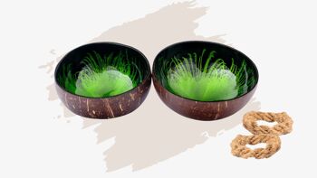 cocovibes bol en noix de coco JADE en lot de 2 avec soucoupe et design anti-éclaboussures de qualité alimentaire en vert et noir 1