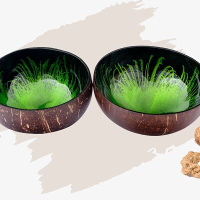 cocovibes coconut bowl JADE in a set of 2 with saucer and food-safe splash design in green and black