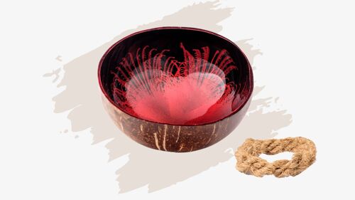 cocovibes Kokosnuss Schale RUBY mit handgeknüpften Untersetzer und einem Splash-Design in rot Schwarz
