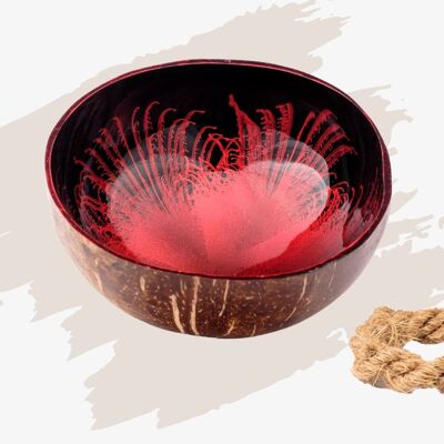 cuenco de coco cocovibes RUBY con plato anudado a mano y un diseño de salpicaduras en rojo y negro