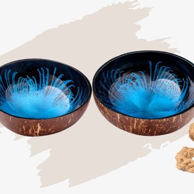 cocovibes coconut bowl OCEAN in a set of 2 with saucer and food-safe splash design in blue and black