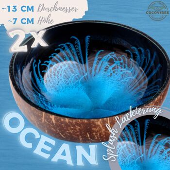 cocovibes bol en noix de coco OCEAN en lot de 2 avec soucoupe et design anti-éclaboussures de qualité alimentaire en bleu et noir 3