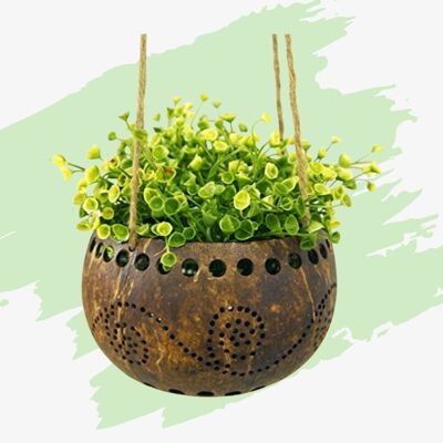 cocovibes coconut hanging basket BOHO with jute rope for hanging inside and outside