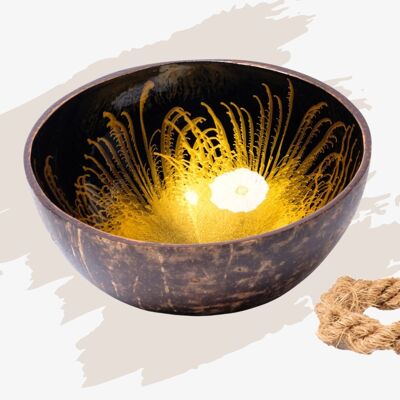 cocovibes coconut bowl AMBER with saucer and food-safe splash design in gold and black