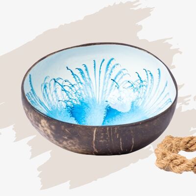 cocovibes coconut bowl SAPPHIRE with saucer and food-safe splash design in blue and white