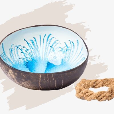 cocovibes Kokosnuss Schale SAPPHIRE mit Untersetzer und lebensmittelechten Splash-Design in blau weiß