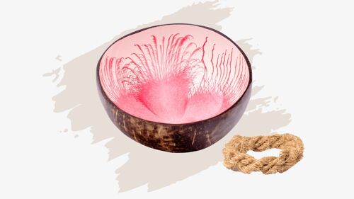 cocovibes Kokosnuss Schale ROSE mit Untersetzer und lebensmittelechten Splash-Design in rot weiß