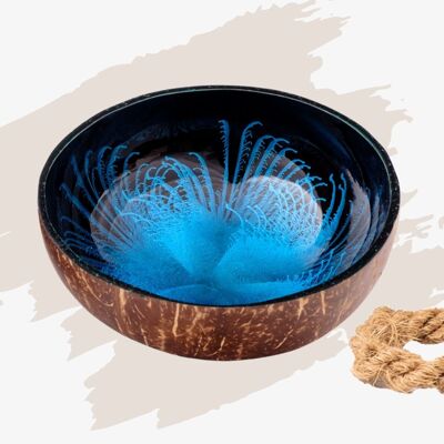 cocovibes coconut bowl OCEAN with saucer and food-safe splash design in blue and black