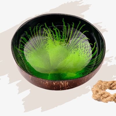 cocovibes coconut bowl JADE with saucer and food-safe splash design in green and black