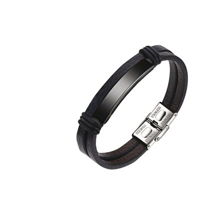 Lee Cooper men's bracelet - two-row leather with black steel plate