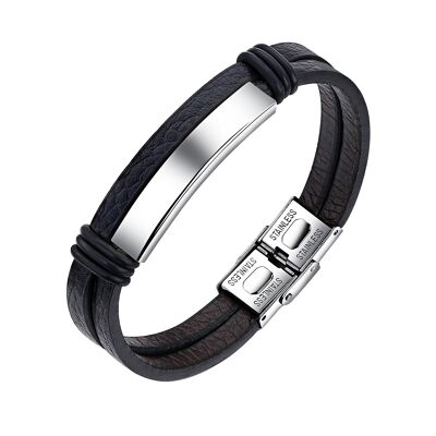 Lee Cooper men's bracelet - two-row leather with silver steel plate