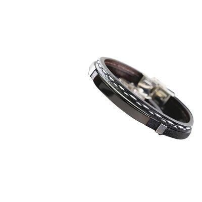 Lee Cooper men's bracelet - leather strap with black steel plate and stitching