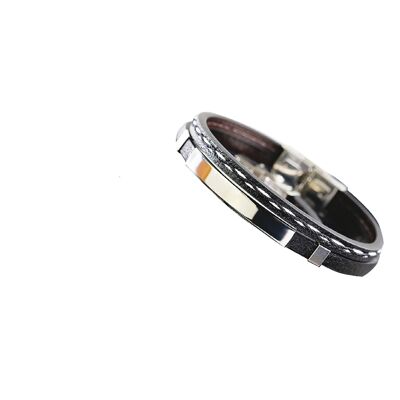 Lee Cooper men's bracelet - leather strap with silver steel plate and stitching