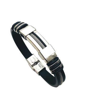 Lee Cooper men's bracelet - leather strap with silver steel plate and cable
