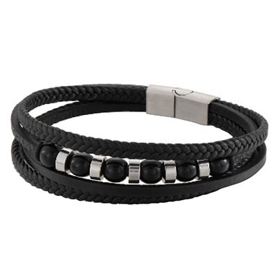 Lee Cooper Herrenarmband - drei geflochtene Lederreihen mit Kugeln und Stahleinlagen