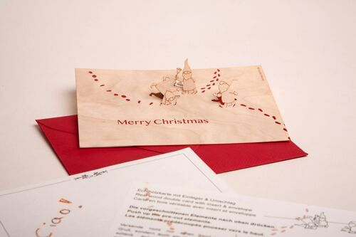 Wichtel, Merry Christmas - Holzgrußkarte mit PopUp-Motiv