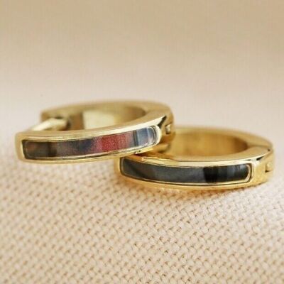 Shell Black Resin Infill Huggie Hoop Earrings in Gold