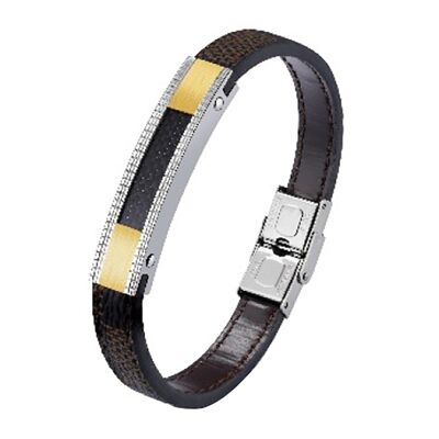 Bracelet homme Lee Cooper - simple lanière cuir et plaque acier texturé