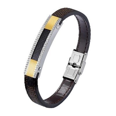 Lee Cooper men's bracelet - simple leather strap and textured steel plate