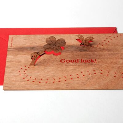 Ladybird, Good Luck - tarjeta de felicitación de madera con motivo emergente