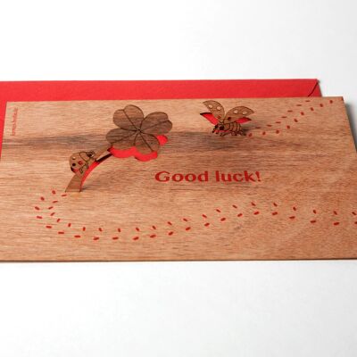 Marienkäfer, Good Luck - Holzgrußkarte mit PopUp-Motiv