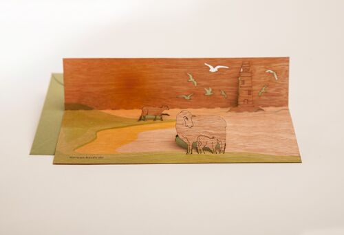 Schafe auf Deich - Holzgrußkarte mit PopUp-Motiv