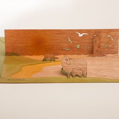 Sheep on dyke - wooden greeting card with pop-up motif