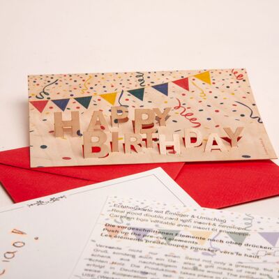 Feliz cumpleaños - tarjeta de felicitación de madera con motivo emergente