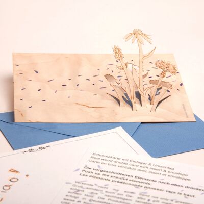 Fleur bleu - carte de voeux en bois avec motif pop-up