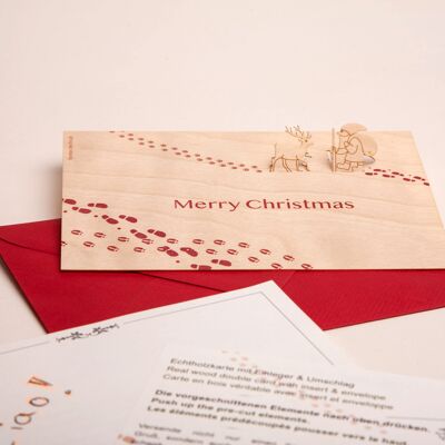 Reindeer & Nikolaus, Merry Christmas - carte de voeux en bois avec motif PopUp