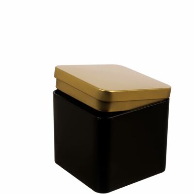 elegante caja de té cuadrada/caja de almacenamiento, oro negro, hermética a los aromas de metal para 150 g de té | 9 x 9 x 9 cm (alto, ancho, profundidad) | también ideal como tarro de especias