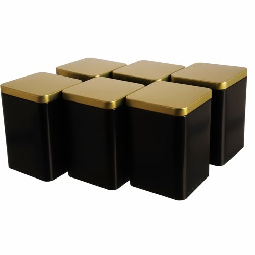 edle eckige Teedose/Vorratsdose, Schwarz Gold, aromadicht aus Metall für je 240g Tee | 13 x 9 x 9 cm (H,B,T) | auch ideal als Gewürzdose