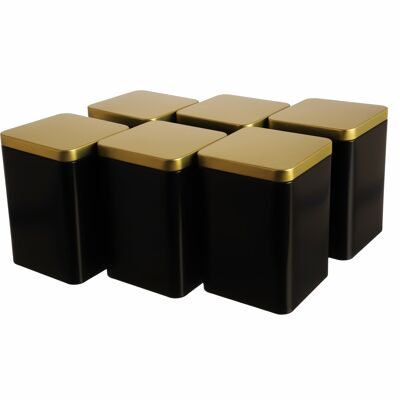 noble caja de té cuadrada/caja de almacenamiento, oro negro, hermética a los aromas hecha de metal para 240 g de té cada una | 13 x 9 x 9 cm (alto, ancho, profundidad) | también ideal como tarro de especias