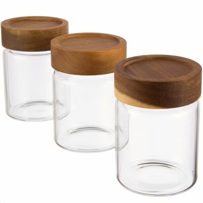 Storage jar/glass container made of borosilicate glass with airtight screw cap, spice jar with wooden lid made of acacia | 11.2 x 8cm [H,ø]