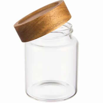 Pot de conservation/récipient en verre en verre borosilicaté avec bouchon à vis hermétique, pot à épices avec couvercle en bois d'acacia | 11,2 x 8 cm [H,ø] 5