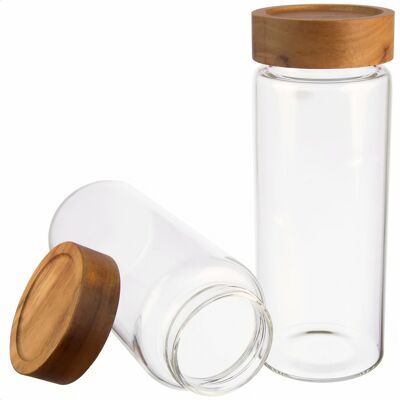 Vorratsglas/Glasbehälter aus Borosilikatglas mit luftdichtem Schraubverschluss, Gewürzglas mit Holzdeckel aus Akazie | 21.2 x 8cm (H,ø)