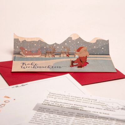 Weihnachtsmann, Frohe Weihnachten - Holzgrußkarte mit PopUp-Motiv