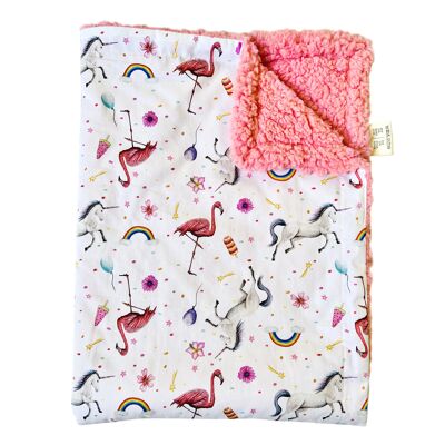 Couverture berceau flamant rose et licorne - 70 x 100 cm - coton biologique (GOTS) et polyester recyclé