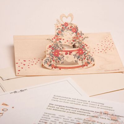 Pastel de boda - tarjeta de felicitación de madera con motivo emergente