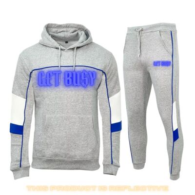 G£T BU$Y REFLECTIVE BLUE PIPING HOODED TRACKSUIT - ROYAL BLUE/ GREY/ WHITE