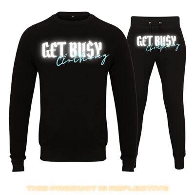 G£T BU$Y ICE BLUE SCRIPT LOGO REFLECTIVE GLITTER CREWNECK TRACKSUIT - BLACK