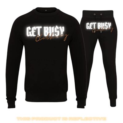 G£T BU$Y BRONZE SCRIPT LOGO REFLECTIVE GLITTER CREWNECK TRACKSUIT - BLACK