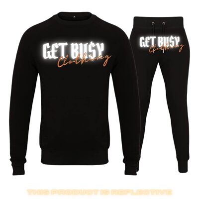 G£T BU$Y ORANGE SCRIPT LOGO REFLECTIVE GLITTER CREWNECK TRACKSUIT - BLACK