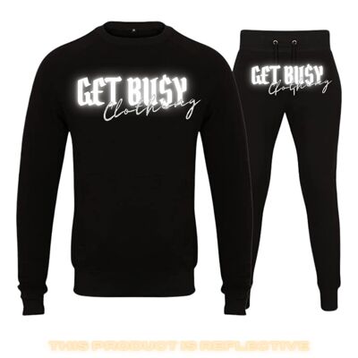 G£T BU$Y SILVER SCRIPT LOGO REFLECTIVE GLITTER CREWNECK TRACKSUIT - BLACK